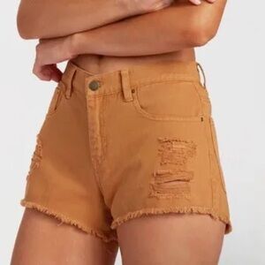 Women’s Billabong Camel-Colored Distressed Denim Shorts. Size 26.